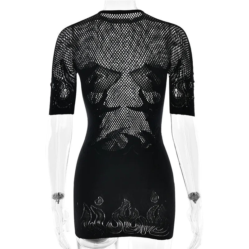 Sifreyr High Stretch Sheer Mini Dress Women Basics Solid Color O Neck Short Sleeve Slim Bodycon Party Sexy Dresses Fashion