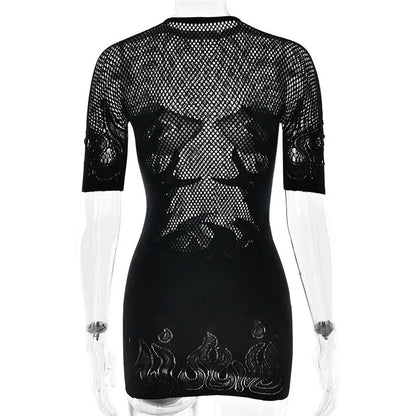 Sifreyr High Stretch Sheer Mini Dress Women Basics Solid Color O Neck Short Sleeve Slim Bodycon Party Sexy Dresses Fashion
