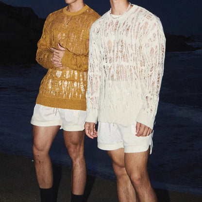 Sexy Hollow Out Mesh Knit T Shirts Men See Through Ripped Crew Neck Pullover Tops For Mens 2025 Spring Fashion Knitting T-shirt