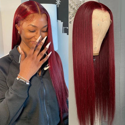 Straight 13x4 13x6 HD Lace Front Human Hair Wig 99J Red Burgundy Colored HD Transparent PrePlucked Lace Frontal Human Hair Wigs