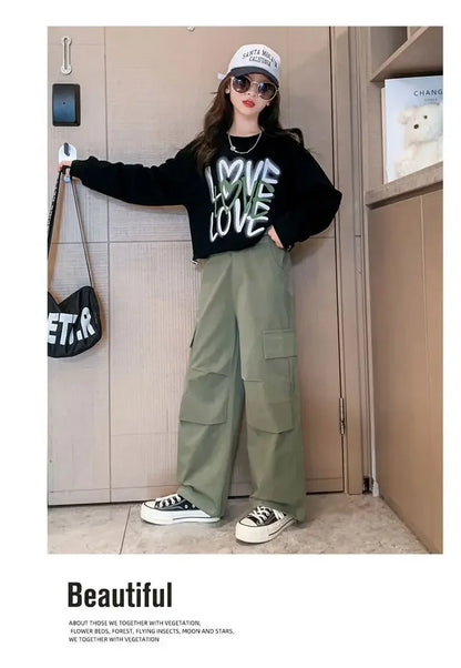 2025 spring autumn Kids tracksuit Children set Girls Clothes loose T-Shirt + wide leg Cargo Pants Teenager 4 5 6 7 10 11 12 year
