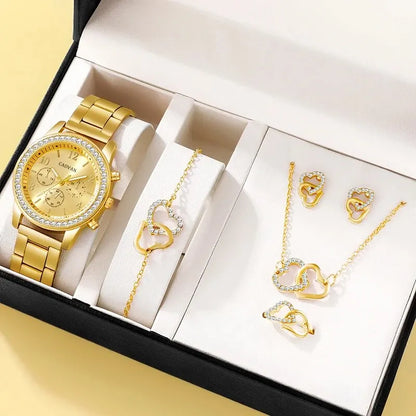 6PCS Luxury Watch Ring Necklace Earring Bracelet Watches Rhinestone Set