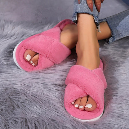 Cross Warm Fluffy Furry Lightweight Slippers For Women