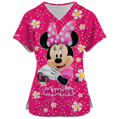 2024 New Minnie Mouse Print Nurse Medical Uniforms V-neck Short Sleeve Pocket Workwear Top Scrubs Medical Accessories Uniform