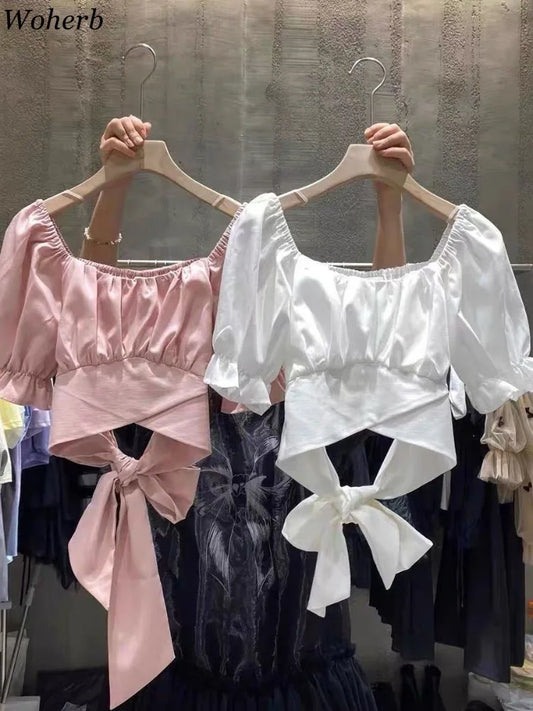 Sweet Pleated Blouses Women 2025 Blusas Mujer De Moda Puff Sleeve Square Collar Bandage Bow Crop Tops Summer White Blouse Shirts