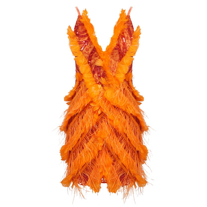 PB 2024 New Orange Prom Dresses  Sparkly Beading Crystal Rhinestones Feathers Embellished Birthday Party Cocktail Evening Dress