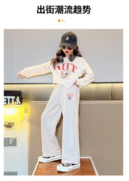2025 autumn spring kid Girls Clothes Suit Child irregular letter sweatshirt t-shirt top and loose pant Tracksuit 4 8 10 12 year