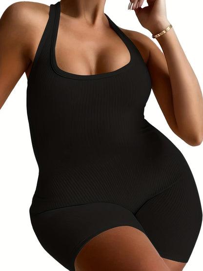 Plus Size Fashion Black Halter Jumpsuit, Women's Solid Color Sexy Body-Con Black Clothes