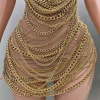 Gold Luxury Chains Khaki Sexy See-Through Sheath Mini Dress Evening Party Performance Costume Bar Nightclub Singer Stage Wear