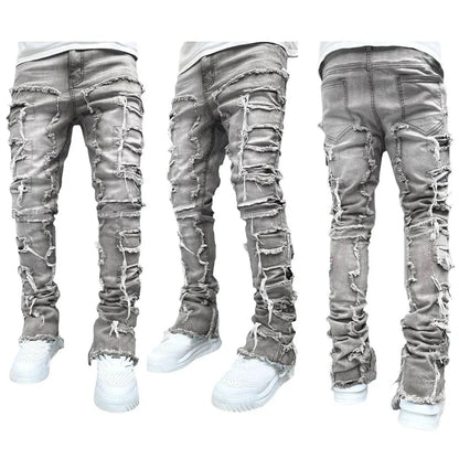 New Fashion Stretch Jeans Man Stacked Jeans Elastic Waist Straight Fit Patchworks Denim Long Pants Fringe Ripped Jeans For Men