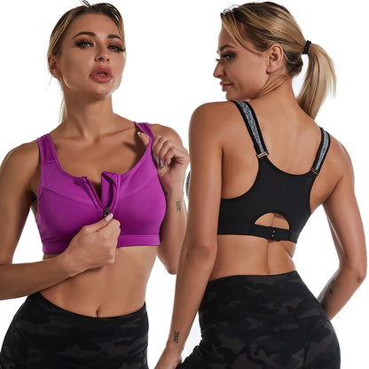 Plus Size Women Zipper Sports Bra Shockproof Tank Top Yoga Underwear for Sporty Bodybuilding Running Sport Bras
