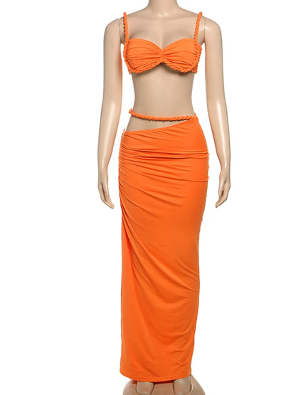 Nibber Sexy Women 2 Piece Set Bandage Ruched Square Collar Bra+Skinny Long Skirts 2025 Summer Vacation Beach Party Trend Suits