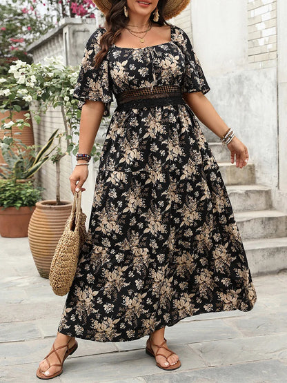 GIBSIE Plus Size Square Neck Floral Print Maxi Dress Women Summer 2025 Knot Front Hollow Out Boho Vacation Big Swing Dresses