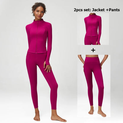 2/3 Pieces Fitness Yoga Set Women Solid Color Stretch Athletic Suit Sexy Bra Zipper Jacket High Waist Leggings Female Sportswear