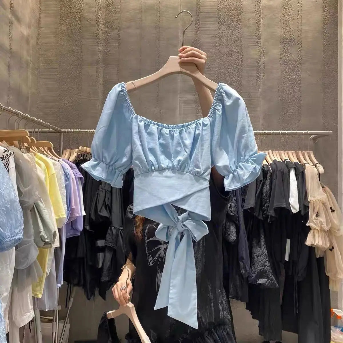 Sweet Pleated Blouses Women 2025 Blusas Mujer De Moda Puff Sleeve Square Collar Bandage Bow Crop Tops Summer White Blouse Shirts