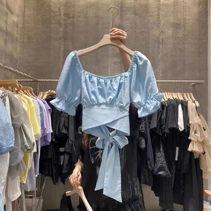 Sweet Pleated Blouses Women 2025 Blusas Mujer De Moda Puff Sleeve Square Collar Bandage Bow Crop Tops Summer White Blouse Shirts
