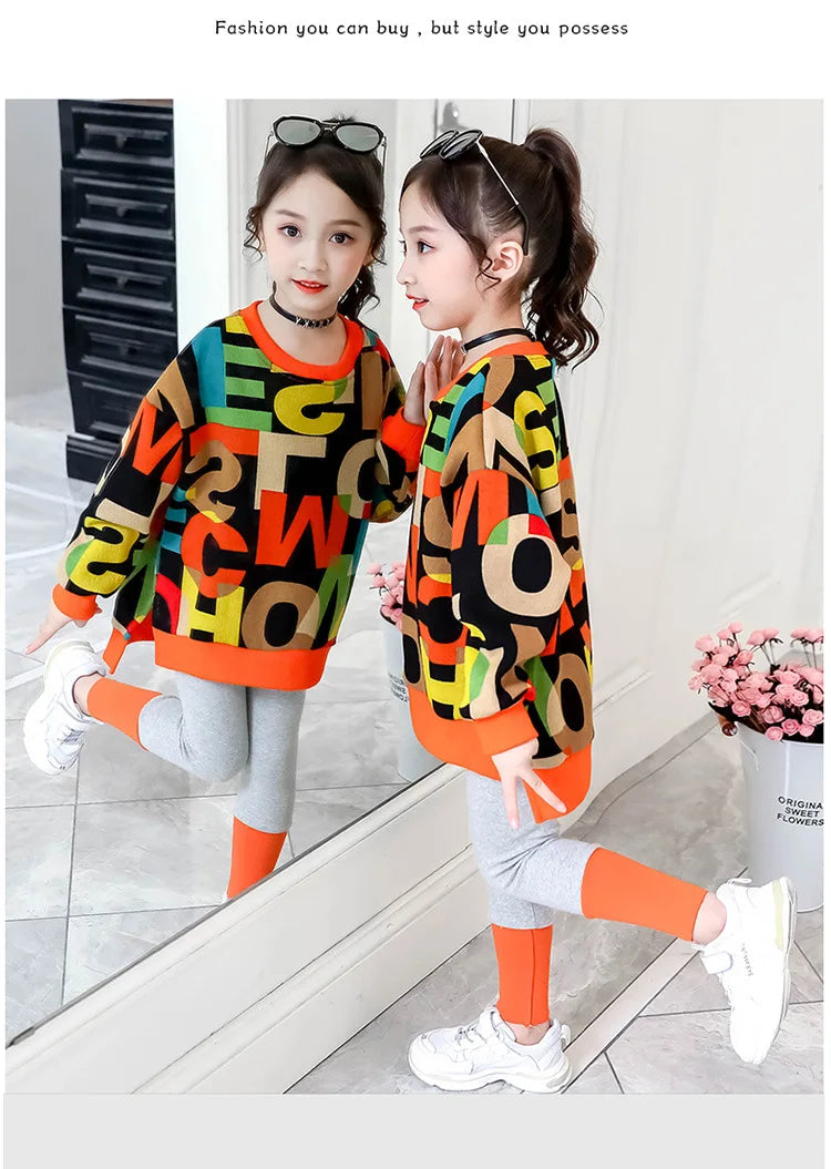 2025 girls clothes autumn winter letter sweatshirt t-shirt hooded + stretch pants leggings cotton teens child 8 9 10 11 12 year