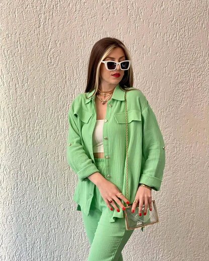 summer outfits for women 2025 New Loose Button Long Sleeve Shirt and Cropped Pants Casual Sports Summer women's suit Pants Set