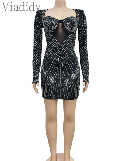 Solid Color Mesh Rhinestone Long Sleeve Backless Night Club Dress
