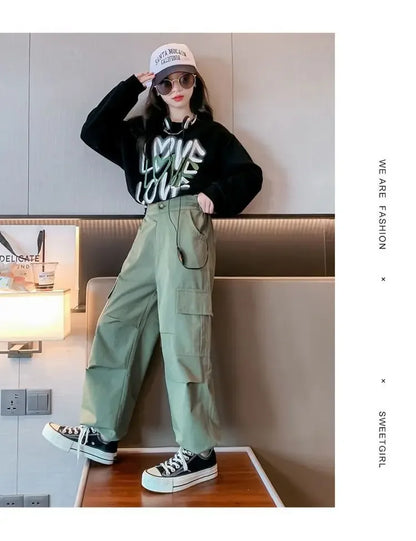 2025 spring autumn Kids tracksuit Children set Girls Clothes loose T-Shirt + wide leg Cargo Pants Teenager 4 5 6 7 10 11 12 year