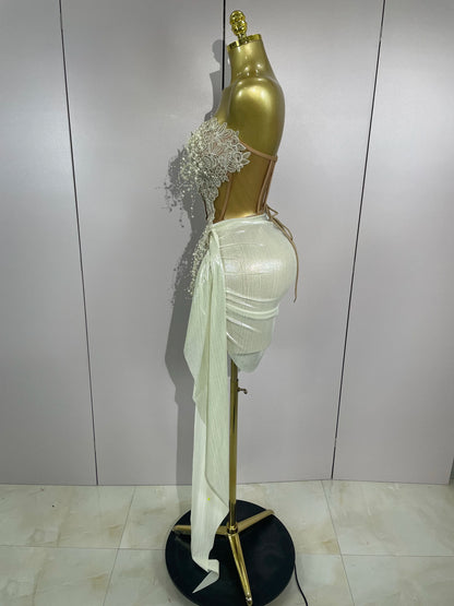 STOCK Luxury Shining Pearls Sexy Asymmetrical Skirt 2 PCS Set 2025 Women Evening Birthday Party Stage Dancer Performance Costume