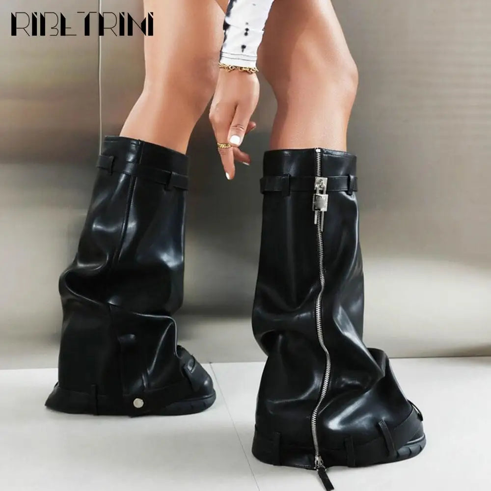 Platform Women Fold Over Mid Calf Padlock Metal Platform Shoes