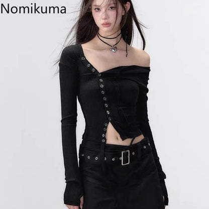 Black Tshirts Women Clothes Long Sleeve Slash Neck Tunic Tees 2025 Ropa Mujer Single Breasted Sexy Korean Y2k T Shirt Ropa Mujer