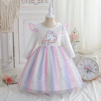 2025 New Princess Dress Unicorn Girls Dress Spring Kids Clothes Birthday Party Dress Long-sleeved for Children Rainbow 2-8Y