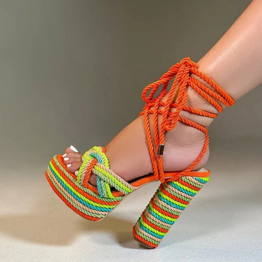 New Multi-color Rope Woven Cross Strap Women High-heeled Sandals