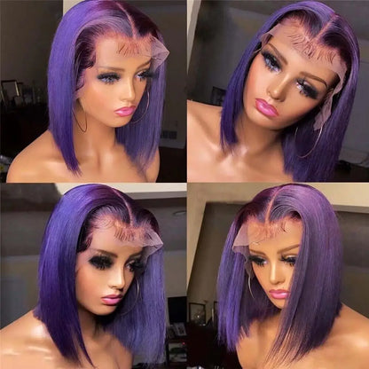 Dark Purple Bob Wig Human Hair 13x4 Hd Lace Front Wigs Human Hair 180% Density Glueless Wigs Short Cut Straight Bob Wigs