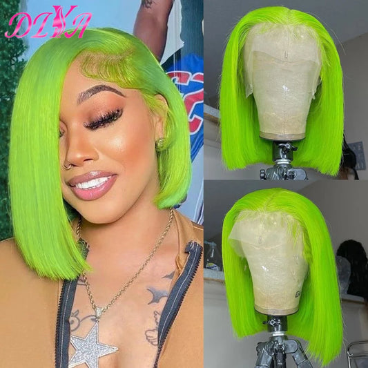 Light Lime Green Bob Wig Human Hair 13x4 Frontal Lace Wig Human Hair Pre Plucked HD Lace Bob Straight Colored Human Hair Wigs