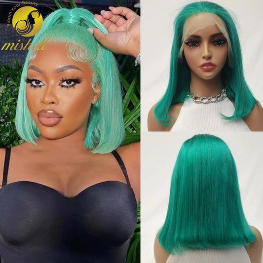 Mint Green Bob Wig Human Hair 200% Density 13x4 Transparent  Straight Lace Front Wigs Pre Plucked with Baby Hair for Black Women
