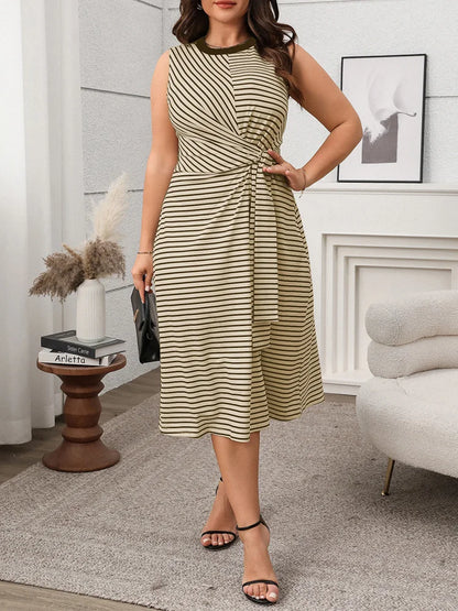 GIBSIE Plus Size Striped Tie Front Summer A-Line Dress 2025 New Women's O-Neck Sleeveless High-waisted Casual Long Dresses