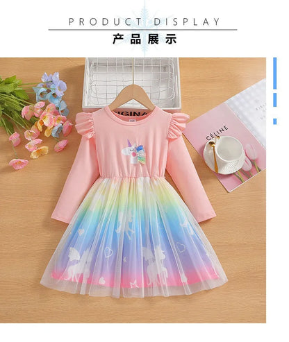 2025 New Princess Dress Unicorn Girls Dress Spring Kids Clothes Birthday Party Dress Long-sleeved for Children Rainbow 2-8Y