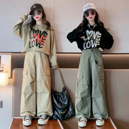 2025 spring autumn Kids tracksuit Children set Girls Clothes loose T-Shirt + wide leg Cargo Pants Teenager 4 5 6 7 10 11 12 year