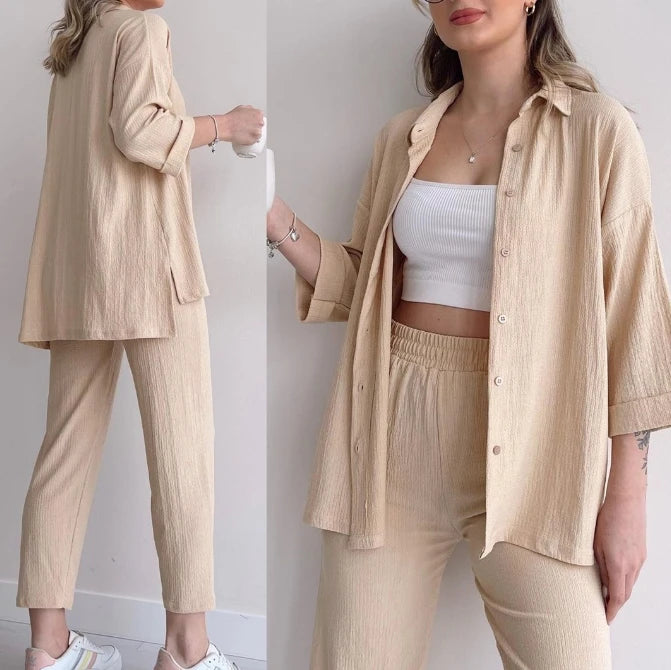summer outfits for women 2025 New Loose Button Long Sleeve Shirt and Cropped Pants Casual Sports Summer women's suit Pants Set