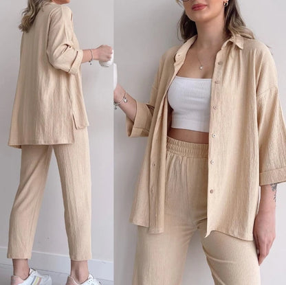 summer outfits for women 2025 New Loose Button Long Sleeve Shirt and Cropped Pants Casual Sports Summer women's suit Pants Set