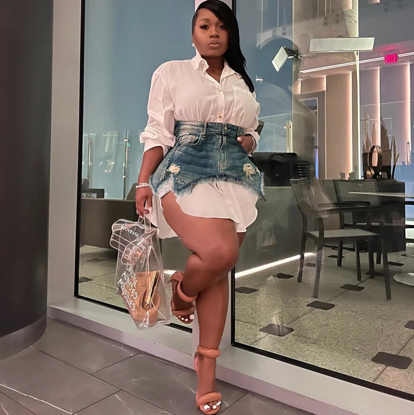 Joskaa Solid Lapel Long Sleeve Single Breasted Shirt Dress and Irregular Denim Skirt Two Piece Set Women 2023 Cute Street Outfit