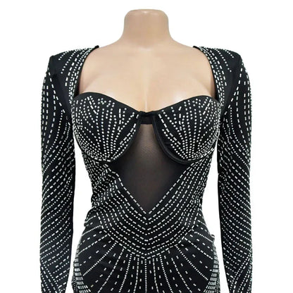Solid Color Mesh Rhinestone Long Sleeve Backless Night Club Dress
