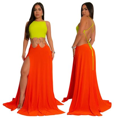 CM.YAYA Women Strap Backless Big Swing Split Maxi Long Dress 2025 Hollow Out Birthday Sexy Club Party Evening Dresses Vestidos
