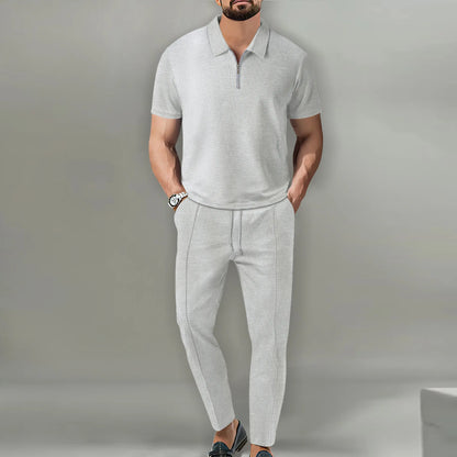 2025 New Men's POLO Shirt 2 Sets Casual Fashion Commercial Breathable Lapel, Pants pull rope Solid Color Men 2 sets