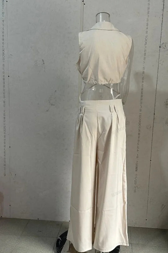Women Two Piece Pants Set 2025 Solid Lapel V Neck Sleeveless Crop Top + Casual High Waist Pocket Wide Leg Pants Set Streetwear