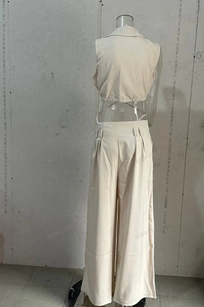 Women Two Piece Pants Set 2025 Solid Lapel V Neck Sleeveless Crop Top + Casual High Waist Pocket Wide Leg Pants Set Streetwear