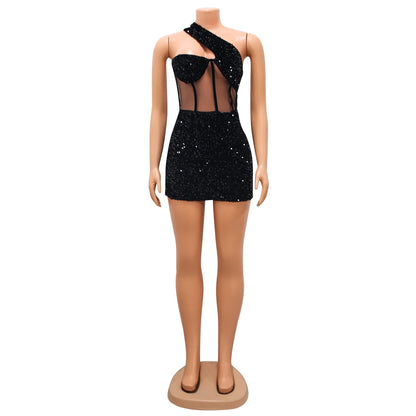 CM.YAYA Women Sequined Halter Neck Sleeveless Bodycon Mesh Patchwork Mini Midi Dress 2023 Summer Sexy Club Party Evening Dresses