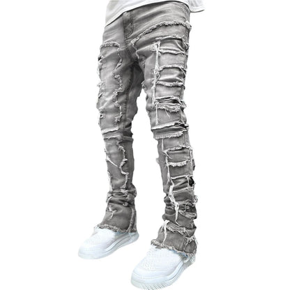 2024 Spring Summer New Men's Clothing Fashion Solid Color Elastic Patch Denim Straight-Leg Pants Jeans