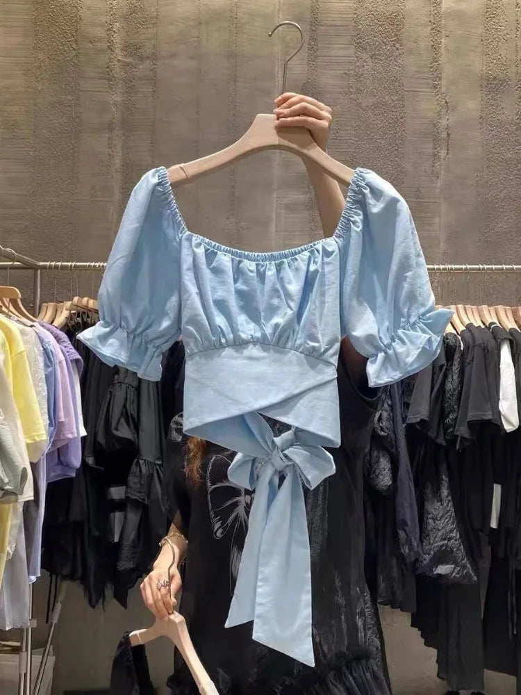 Sweet Pleated Blouses Women 2025 Blusas Mujer De Moda Puff Sleeve Square Collar Bandage Bow Crop Tops Summer White Blouse Shirts