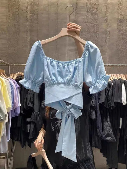 Sweet Pleated Blouses Women 2025 Blusas Mujer De Moda Puff Sleeve Square Collar Bandage Bow Crop Tops Summer White Blouse Shirts