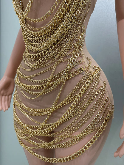 Gold Luxury Chains Khaki Sexy See-Through Sheath Mini Dress Evening Party Performance Costume Bar Nightclub Singer Stage Wear