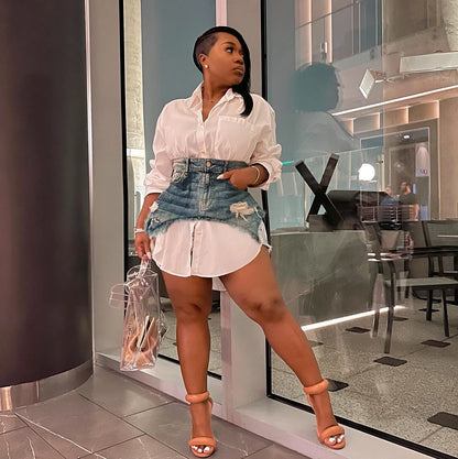 Joskaa Solid Lapel Long Sleeve Single Breasted Shirt Dress and Irregular Denim Skirt Two Piece Set Women 2023 Cute Street Outfit