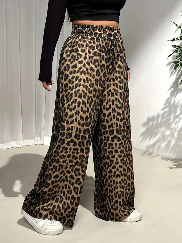 GIBSIE Plus Size Leopard Print Drawstring Wide Leg Pants Women 2025 Spring Summer High Waist Loose Casual Straight Trousers